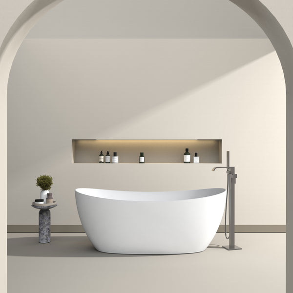 63" Freestanding Soaking Solid Surface Bathtub with Drain & Pipe