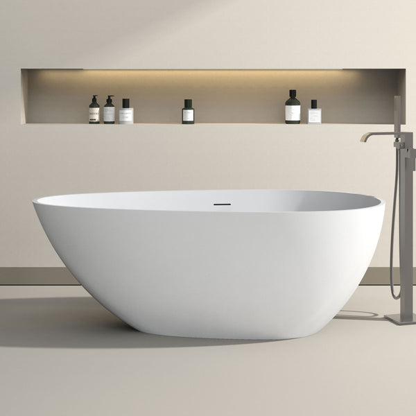 59" Freestanding Soaking Solid Surface Bathtub with Drain & Pipe