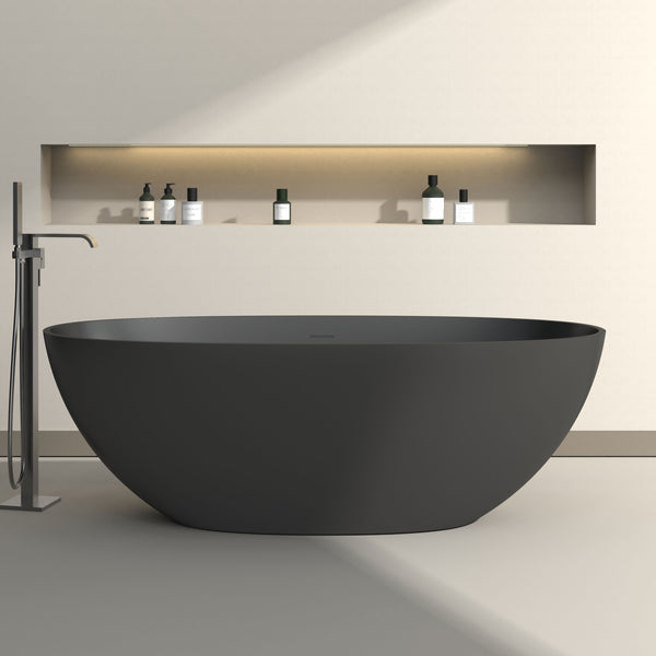 65" Freestanding Soaking Solid Surface Bathtub in Matte Black with Drain & Pipe