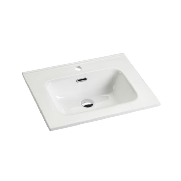 Integrated white ceramic basin with one predrilled faucet hole, drain assembly NOT included