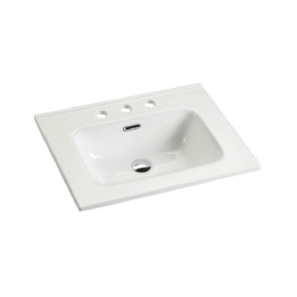 Integrated white ceramic basin with three predrilled faucet holes, drain assembly NOT included