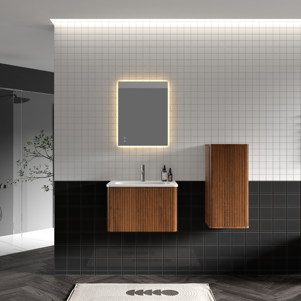 Etna Striped Walnut Wall Mounted Single Bathroom Vanity with Engineered Stone Vanity Top